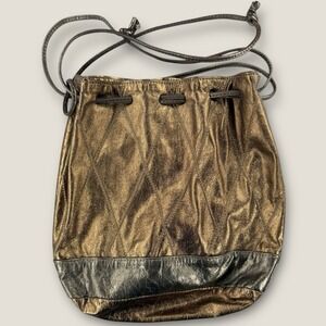 Vintage Letisse Metallic Gold Bronze Leather Bucket Bag Drawstring Quilted 80s